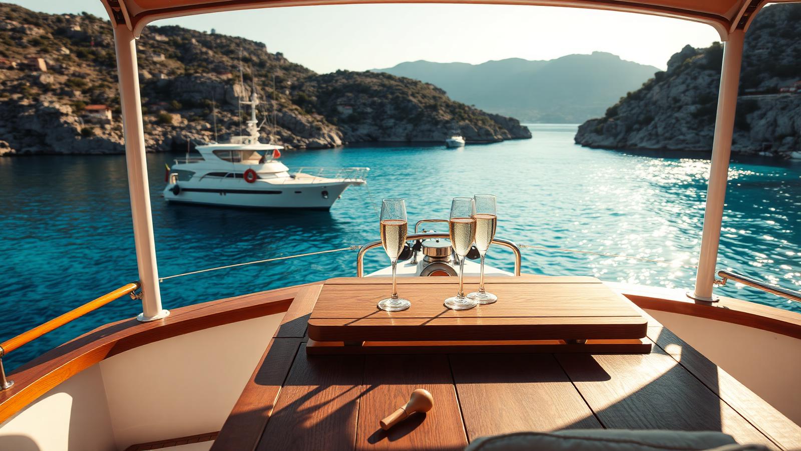 Champagne on the deck of a private yacht in a Greek bay