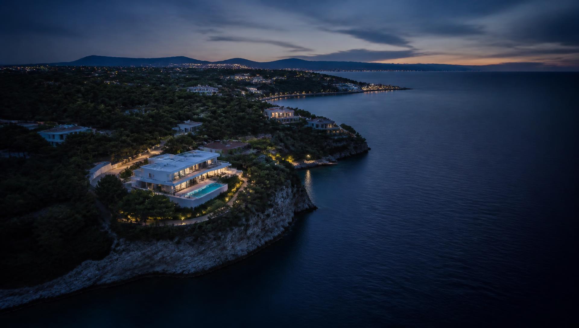 Luxury villas above the sea on the Athenian Riviera at twilight